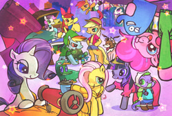 Size: 1000x675 | Tagged: safe, artist:rica, artist:ya-a, apple bloom, applejack, fluttershy, gummy, pinkie pie, princess celestia, princess luna, rainbow dash, rarity, scootaloo, spike, sweetie belle, tank, twilight sparkle, winona, alicorn, dragon, earth pony, pegasus, pony, unicorn, g4, adventure time, bloo (foster's), blossom (powerpuff girls), bubbles (powerpuff girls), buttercup (powerpuff girls), clothes, costume, courage the cowardly dog, crossover, cutie mark crusaders, fabric, female, finn the human, foster's home for imaginary friends, frankie foster, leonardo, link, male, mane seven, mane six, mare, monkey d. luffy, one piece, painting, perry the platypus, phineas and ferb, pixiv, princess bubblegum, sewing, sewing machine, teenage mutant ninja turtles, the legend of zelda, the powerpuff girls, unicorn twilight