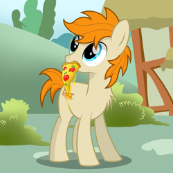 Size: 2500x2500 | Tagged: safe, artist:pizzamovies, oc, oc only, oc:pizzamovies, earth pony, pony, cheese, food, high res, looking at something, male, meat, pepperoni, pepperoni pizza, pizza, ponies eating meat, smiling, solo, stallion