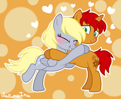 Size: 1657x1357 | Tagged: safe, artist:hopenotfound, derpy hooves, oc, oc:tick tock, pegasus, pony, unicorn, doctor whooves and assistant, g4, canon x oc, duo, female, hug, male, mare, shipping, stallion, straight