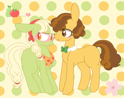 Size: 1046x834 | Tagged: safe, artist:hopenotfound, grand pear, granny smith, earth pony, pony, g4, abstract background, blushing, bowtie, female, male, ship:pearsmith, shipping, straight, young grand pear, young granny smith, younger
