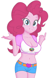 Size: 900x1385 | Tagged: safe, edit, editor:ah96, pinkie pie, equestria girls, g4, my little pony equestria girls: legend of everfree, adorasexy, belly button, big breasts, breast edit, breasts, busty pinkie pie, camp everfree logo, camp everfree outfits, cleavage, clothes, cute, daisy dukes, female, looking at you, midriff, sexy, shorts, simple background, solo, thighs, transparent background