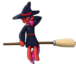 Size: 2667x2242 | Tagged: safe, artist:solarheclipse, oc, oc only, oc:ruby star, semi-anthro, arm hooves, broom, flying, flying broomstick, hat, high res, male, one eye closed, one eye open, simple background, solo, transparent background, witch, witch hat