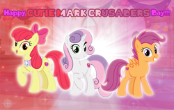 Size: 1280x807 | Tagged: safe, artist:andoanimalia, artist:dragonchaser123, apple bloom, scootaloo, sweetie belle, earth pony, pegasus, pony, unicorn, g4, growing up is hard to do, cutie mark, cutie mark crusaders, looking at you, older, older apple bloom, older cmc, older scootaloo, older sweetie belle, school of friendship, the cmc's cutie marks