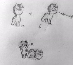 Size: 3024x2677 | Tagged: safe, artist:php159, derpibooru exclusive, oc, oc:redundant proof, oc:silicon blaze, earth pony, pony, bedroom eyes, black and white, blushing, comic, descriptive noise, disguise, disguised changeling, eyes on the prize, face down ass up, grayscale, heart, high res, looking at butt, monochrome, rock, simple background, traditional art, trip