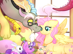 Size: 952x703 | Tagged: safe, artist:hopenotfound, angel bunny, discord, fluttershy, screwball, oc, oc:rosey chaos, hybrid, pony, g4, female, glasses, interspecies offspring, male, offspring, parent:discord, parent:fluttershy, parents:discoshy, ship:discoshy, shipping, straight