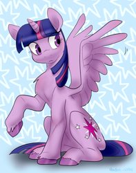 Size: 1500x1900 | Tagged: safe, artist:haden-2375, twilight sparkle, alicorn, pony, g4, abstract background, chest fluff, eye clipping through hair, female, mare, raised hoof, sitting, solo, spread wings, twilight sparkle (alicorn), unshorn fetlocks, wings