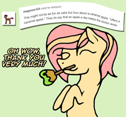 Size: 900x832 | Tagged: safe, artist:ariah101, oc, oc only, oc:melony, earth pony, pony, ask pun, ask, caramel apple (food), female, mare, solo