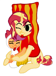 Size: 1359x1852 | Tagged: safe, artist:antique1899, scootaloo, sunset shimmer, bird, chicken, pegasus, pony, unicorn, g4, :p, animal costume, bacon, chicken suit, clothes, costume, cute, digital art, food, hug, meat, pun, scootachicken, shimmerbetes, silly, simple background, tongue out, transparent background, visual pun