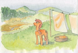 Size: 1000x687 | Tagged: safe, artist:adeptus-monitus, oc, oc only, earth pony, pony, clothes line, female, forest, mare, mountain, river, scenery, solo, stream, traditional art, water, watercolor painting