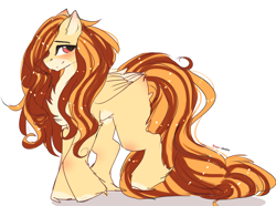 Size: 2962x2200 | Tagged: safe, artist:krissstudios, oc, oc only, oc:emma, pegasus, pony, blushing, chest fluff, female, fluffy, high res, long tail, looking back, mare, pale belly, simple background, solo, two toned wings, unshorn fetlocks, white background, wings