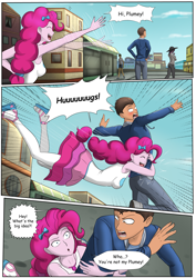 Size: 4961x7016 | Tagged: safe, artist:symptom99, pinkie pie, oc, oc:mazin, comic:mistaken pie-dentity, equestria girls, g4, blushing, bow, clothes, comic, commission, commissioner:imperfectxiii, female, geode of sugar bombs, glomp, hair bow, hat, hug, implied copper plume, magical geodes, male, mistaken identity, pants, rah rah skirt, shirt, shoes, skirt, smiling, speech bubble, sweatshirt, waving