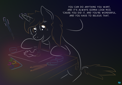 Size: 1134x799 | Tagged: safe, artist:quint-t-w, oc, oc only, oc:dorm pony, pony, unicorn, advice, bob ross, gradient background, horn, magic, minimalist, modern art, motivational, paintbrush, painting, pencil, positive ponies, quote, simple background, solo, table, talking, unicorn oc, watercolor painting