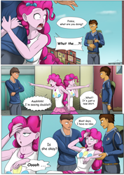Size: 4961x7016 | Tagged: safe, artist:symptom99, pinkie pie, oc, oc:copper plume, oc:mazin, comic:mistaken pie-dentity, equestria girls, g4, backpack, book, bow, clothes, comic, commission, commissioner:imperfectxiii, dizzy, female, freckles, geode of sugar bombs, glasses, hair bow, magical geodes, male, mistaken identity, pants, rah rah skirt, shirt, skirt, sweatshirt