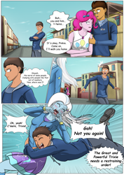 Size: 4961x7016 | Tagged: safe, artist:symptom99, pinkie pie, trixie, oc, oc:copper plume, oc:mazin, comic:mistaken pie-dentity, equestria girls, g4, backpack, blushing, bow, clothes, comic, commission, commissioner:imperfectxiii, female, freckles, geode of sugar bombs, glasses, glomp, hair bow, hoodie, hug, magical geodes, male, mistaken identity, pants, personal space invasion, shirt, skirt, sweatshirt