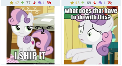 Size: 989x538 | Tagged: safe, edit, edited screencap, screencap, sweetie belle, pony, unicorn, derpibooru, g4, the fault in our cutie marks, caption, confused, cropped, cutie mark, female, filly, i ship it, image macro, le lenny face, meme, meta, ponymemes, reaction image, smug, solo, text, the cmc's cutie marks