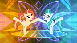 Size: 7680x4320 | Tagged: safe, artist:cheezedoodle96, artist:laszlvfx, edit, lighthoof, shimmy shake, earth pony, pony, 2 4 6 greaaat, g4, abstract background, active stretch, cute, duo, duo female, female, looking at you, mare, missing accessory, open mouth, raised leg, smiling, stretching, vector, wallpaper, wallpaper edit