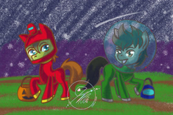 Size: 1500x1000 | Tagged: safe, artist:jbcblanks, oc, pegasus, pony, among us, baby, blue, brown, candy, clothes, colt, costume, cute, food, green, halloween, holiday, male, offspring, parent:oc:steelo, red, yellow