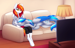 Size: 3884x2522 | Tagged: safe, artist:scarlet-spectrum, oc, oc:diamond sun, oc:hawker hurricane, pegasus, pony, anthro, unguligrade anthro, series:pet hawk, alternate universe, anthro with ponies, commission, couch, female, hawkmond, high res, male, mare, sleeping, stallion, television