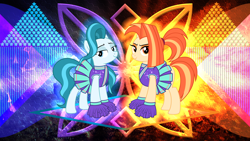 Size: 3840x2160 | Tagged: safe, artist:laszlvfx, artist:sonofaskywalker, edit, lighthoof, shimmy shake, earth pony, pony, 2 4 6 greaaat, g4, abstract background, cheerleader, cheerleader outfit, clothes, duo, duo female, female, high res, lidded eyes, mare, pleated skirt, pom pom, ponytail, skirt, vector, wallpaper, wallpaper edit