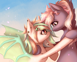 Size: 2500x2000 | Tagged: safe, artist:avrameow, oc, oc only, bat pony, pony, bat pony oc, bat wings, commission, eyebrows, eyebrows visible through hair, female, high res, lesbian, looking at each other, oc x oc, shipping, smiling, smiling at each other, wings, ych result