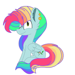 Size: 1378x1378 | Tagged: safe, artist:circuspaparazzi5678, oc, oc only, oc:rainbow blitz, pegasus, pony, 2021 community collab, derpibooru community collaboration, ear piercing, earring, jewelry, magical lesbian spawn, multicolored hair, offspring, parent:fluttershy, parent:rainbow dash, parents:flutterdash, piercing, rainbow hair, rainbow makeup, simple background, solo, transparent background