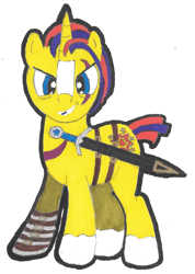 Size: 1021x1431 | Tagged: safe, artist:magicnova, derpibooru exclusive, oc, oc only, oc:starfire blaze, pony, unicorn, amputee, blaze (coat marking), coat markings, facial markings, looking at you, male, prosthetic leg, prosthetic limb, prosthetics, scar, simple background, socks (coat markings), solo, stallion, sword, traditional art, weapon