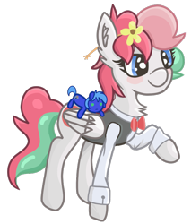 Size: 738x867 | Tagged: safe, artist:coffeeponee, oc, oc only, oc:coffea flower, pegasus, pony, 2021 community collab, derpibooru community collaboration, bowtie, clothes, female, flower, flower in hair, fluffy, mare, plushie, simple background, solo, transparent background