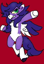 Size: 400x577 | Tagged: safe, artist:the-star-hunter, oc, oc only, pegasus, pony, action pose, coat markings, feathered fetlocks, markings, pale belly, pegasus oc, red background, simple background, socks (coat markings), solo, two toned wings, wings