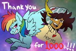 Size: 845x564 | Tagged: safe, artist:the-star-hunter, rainbow dash, human, pegasus, pony, g4, abstract background, clothes, colored hooves, dark skin, duo, female, mare, milestone, saint seiya, smiling, smirk