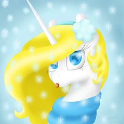 Size: 1500x1500 | Tagged: safe, artist:crystalcontemplator, oc, oc only, oc:crystal, pony, unicorn, :p, bust, clothes, eyelashes, flower, flower in hair, horn, scarf, snow, solo, tongue out, unicorn oc