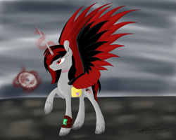 Size: 5000x4000 | Tagged: safe, artist:crystalcontemplator, oc, oc only, alicorn, pony, fallout equestria, alicorn oc, bag, glowing horn, horn, magic, pipbuck, raised hoof, saddle bag, solo, telekinesis, wings