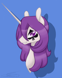 Size: 4000x5000 | Tagged: safe, artist:crystalcontemplator, oc, oc only, pony, unicorn, blue background, bust, horn, signature, simple background, smiling, tattoo, unicorn oc