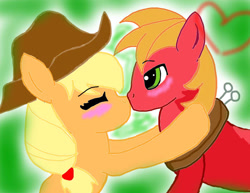 Size: 900x694 | Tagged: safe, artist:harukipaint, applejack, big macintosh, g4, applecest, blushing, female, incest, kissing, male, ship:applemac, shipping, straight