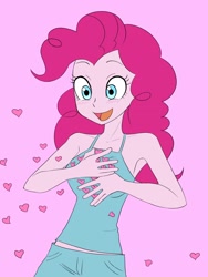 Size: 1620x2160 | Tagged: safe, artist:haibaratomoe, pinkie pie, equestria girls, g4, bare shoulders, blushing, clothes, cute, diapinkes, heart, open mouth, pajamas, pink background, simple background, sleeveless, solo