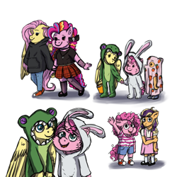 Size: 4000x4000 | Tagged: safe, artist:yonipony, angel bunny, fluttershy, gummy, pinkie pie, oc, oc:candy cloud, oc:crystal darlene, oc:flutter balloon, anthro, plantigrade anthro, g4, blanket, bracelet, clothes, converse, cosplay, costume, dress, eyeshadow, female, fishnet stockings, food, holding hands, hoodie, jeans, jewelry, kigurumi, lesbian, magical lesbian spawn, makeup, mary janes, nightmare night costume, offspring, pants, parent:applejack, parent:fluttershy, parent:pinkie pie, parent:rarity, parents:flutterpie, parents:rarijack, ship:flutterpie, shipping, shoes, skirt, sneakers, strawberry, younger