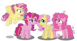 Size: 2528x1341 | Tagged: safe, artist:yonipony, fluttershy, pinkie pie, oc, oc:candy cloud, oc:flutter balloon, earth pony, pegasus, pony, unicorn, g4, base used, family, female, lesbian, magical lesbian spawn, offspring, parent:fluttershy, parent:pinkie pie, parents:flutterpie, ship:flutterpie, shipping, simple background, transparent background