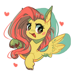 Size: 900x918 | Tagged: safe, artist:duckjifs246, fluttershy, pegasus, pony, g4, blush sticker, blushing, bust, colored hooves, ear fluff, female, heart, looking at you, mare, open mouth, portrait, simple background, smiling, solo, spread wings, three quarter view, unshorn fetlocks, white background, wings