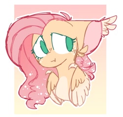 Size: 1000x950 | Tagged: safe, artist:legendarty, fluttershy, pegasus, pony, g4, blushing, bust, ear fluff, ear tufts, fangs, female, floppy ears, folded wings, gradient background, looking away, looking sideways, mare, no pupils, outline, pale belly, portrait, smiling, solo, three quarter view, two toned wings, white outline, wing hooks, wings
