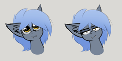 Size: 2480x1262 | Tagged: safe, artist:duop-qoub, edit, oc, oc only, oc:panne, bat pony, pony, bedroom eyes, big ears, bust, cute, cute little fangs, ear fluff, fangs, female, gray background, looking at you, mare, simple background, solo, upscaled, waifu2x