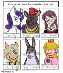 Size: 990x1138 | Tagged: safe, artist:galacticaries, rarity, human, pig, pony, rabbit, unicorn, anthro, g4, :d, animal, anthro with ponies, big chungus, bugs bunny, bust, clothes, crossover, crown, danganronpa, female, hair over one eye, hat, jewelry, male, mare, miss piggy, necklace, pearl necklace, princess peach, regalia, six fanarts, smiling, super mario bros., toko fukawa