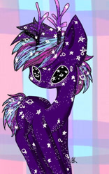 Size: 478x765 | Tagged: safe, artist:galacticaries, oc, oc only, oc:orion, deer, deer pony, original species, abstract background, antlers, male, solo