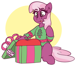 Size: 2225x1969 | Tagged: safe, artist:graphene, cheerilee, earth pony, pony, g4, apple, cheeribetes, christmas, clothes, cute, female, food, happy, holiday, mare, present, solo, sweater