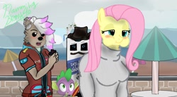 Size: 1578x870 | Tagged: safe, artist:flammingbrony40, fluttershy, spike, oc, oc:stella the chihuahua, chihuahua, dog, pegasus, anthro, g4, 1000 hours in ms paint, blushing, candy bar, cheek bulge, comedy, crossover, crossover shipping, cute, furry, shipping, teasing, wishbone heroes