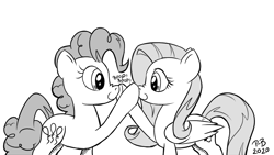 Size: 1200x675 | Tagged: safe, artist:pony-berserker, fluttershy, pinkie pie, earth pony, pegasus, pony, pony-berserker's twitter sketches, g4, boop, cute, duo, female, halftone, mare, monochrome, mutual booping, nose wrinkle, smiling