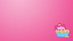 Size: 1920x1080 | Tagged: safe, boneless, pinkie pie, pony, g4, green isn't your color, my little pony: friendship is magic, female, forever, hiding, lurking, narrowed eyes, pink background, pinkie being pinkie, pinkie forever, simple background, solo, sponge, wallpaper