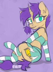 Size: 1122x1543 | Tagged: safe, artist:marsminer, oc, oc only, oc:travelling light, pony, unicorn, bedroom eyes, clothes, crossdressing, eyelashes, horn, makeup, skirt, socks, solo, striped socks, unicorn oc