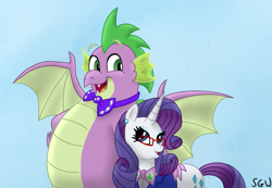 Size: 1033x715 | Tagged: safe, artist:aleximusprime, artist:solitarygraywolf, rarity, spike, dragon, pony, unicorn, flurry heart's story, g4, bonding, bowtie, chubby, clothes, duo, ear piercing, earring, fat spike, female, glasses, jewelry, male, older, older rarity, older spike, piercing, ship:sparity, shipping, straight, suit, winged spike, wings