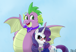 Size: 1033x715 | Tagged: safe, artist:aleximusprime, artist:solitarygraywolf, rarity, spike, dragon, pony, unicorn, flurry heart's story, g4, bonding, bowtie, chubby, clothes, duo, ear piercing, earring, fat spike, female, glasses, jewelry, larger male, male, older, older rarity, older spike, physique difference, piercing, ship:sparity, shipping, size difference, smaller female, straight, suit, winged spike, wings