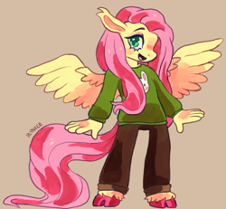 Size: 1000x923 | Tagged: safe, artist:blynxee, fluttershy, pegasus, anthro, unguligrade anthro, g4, clothes, cloven hooves, colored hooves, female, simple background, smiling, solo, sweater, sweatershy, tan background