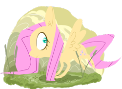 Size: 548x399 | Tagged: safe, artist:blynxee, fluttershy, pegasus, pony, g4, :c, colored pupils, female, frown, grass, looking back, mare, nervous, scared, simple background, solo, spread wings, transparent background, wide eyes, wings